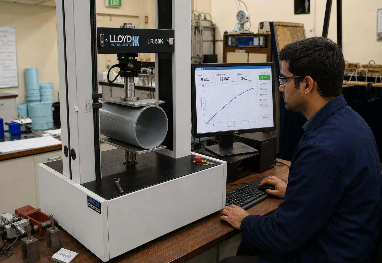 Lloyd LR-50K universal testing machine performing tensile & ring-stiffness test on a Margo PVC pipe